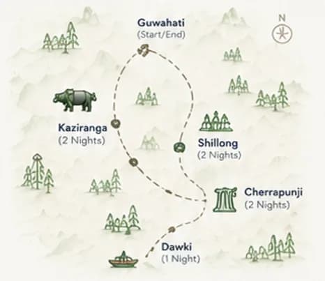 Route map: Guwahati, Kaziranga, Shillong, Cherrapunji, Dawki, Guwahati